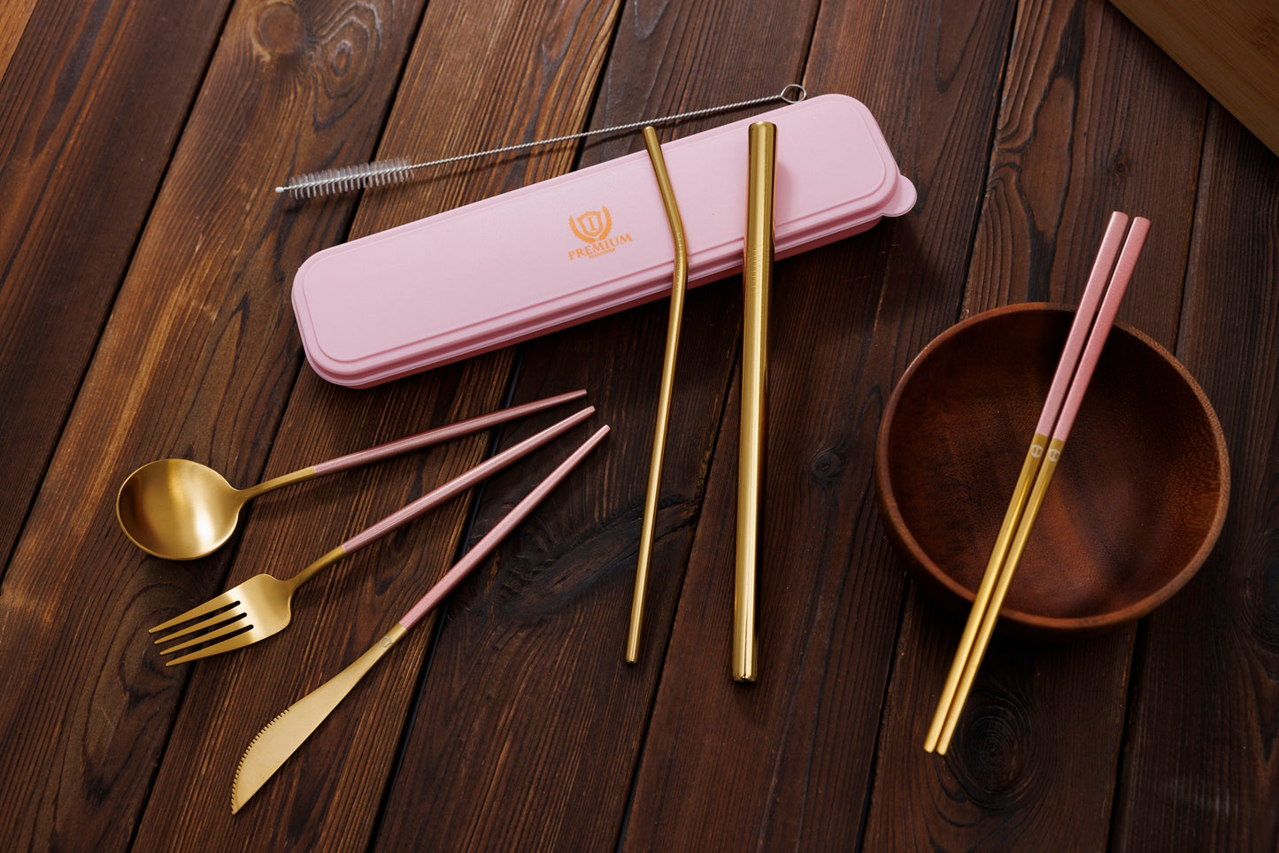 304 Stainless Steel Portable Tableware with box set- (Fork, Spoon, Chopsticks, Knife, Straight Straw, Curved Straw and brush)