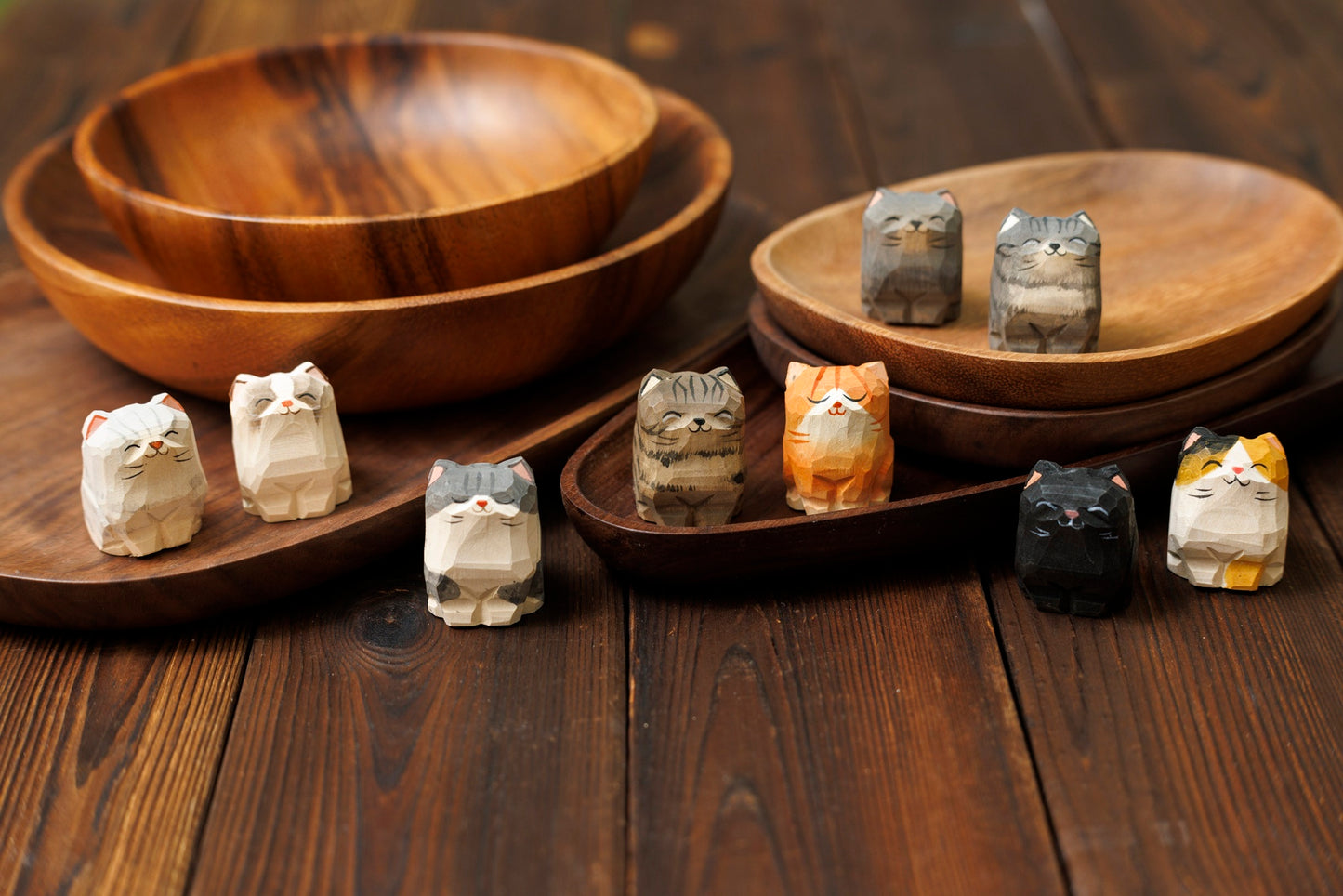 Islandoffer Basswood Carved Sit-Stand Cat Kit with homemade wooden box (9pcs)